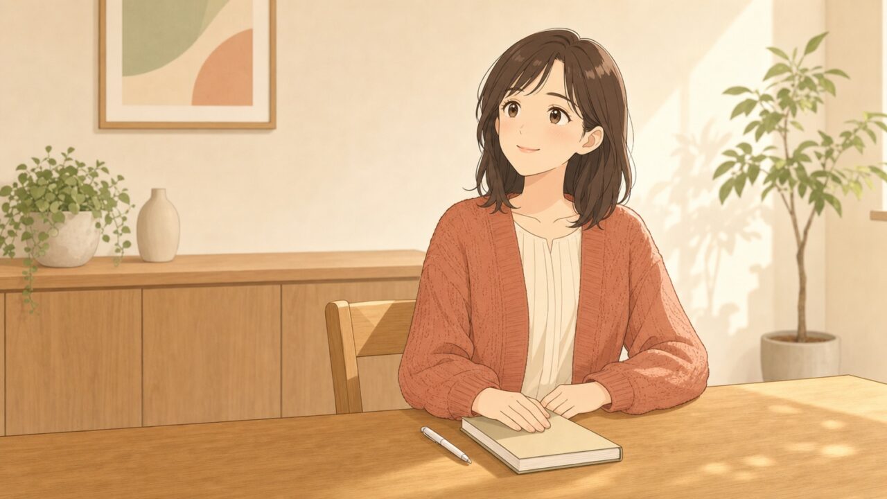 午後の光が差す自宅のダイニングテーブルで、閉じたノートに手を添え、穏やかな表情で顔を上げる女性のイラスト