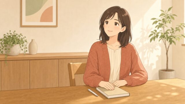 午後の光が差す自宅のダイニングテーブルで、閉じたノートに手を添え、穏やかな表情で顔を上げる女性のイラスト