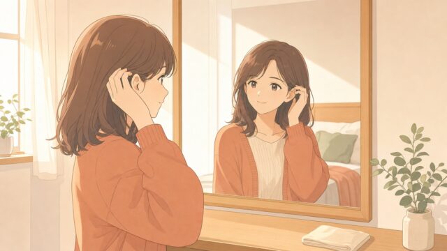 朝の鏡の前で、髪を耳にかけた手を止めて、鏡の中の自分と静かに目を合わせる女性のイラスト