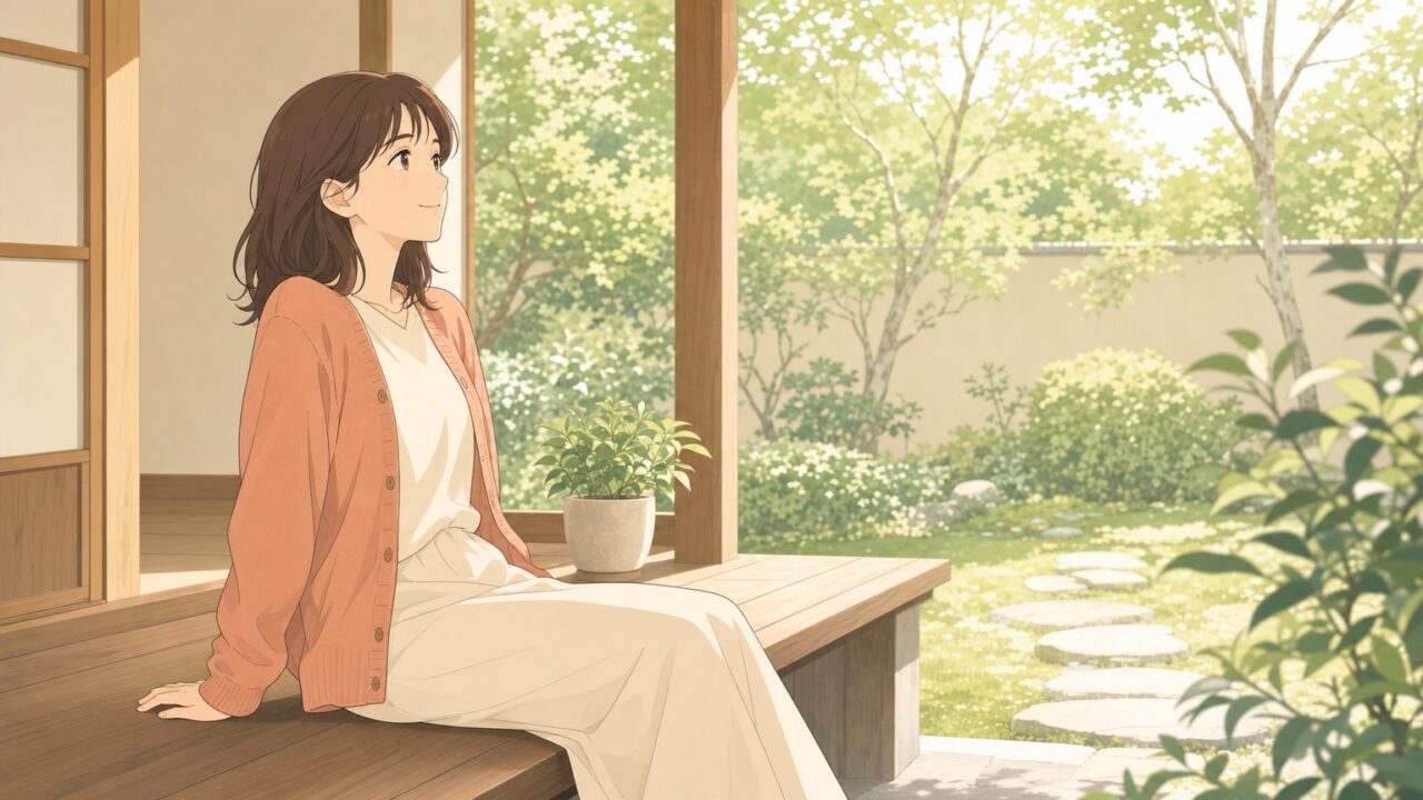 日の差す縁側に腰かけ、庭のほうを見ながら肩の力を抜いて開いた姿勢でくつろぐ女性のイラスト