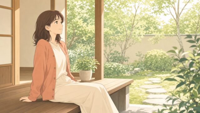 日の差す縁側に腰かけ、庭のほうを見ながら肩の力を抜いて開いた姿勢でくつろぐ女性のイラスト