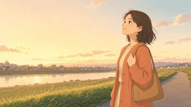 仕事帰りの夕方、川沿いの土手で立ち止まり、鞄を肩にかけたまま穏やかに空を見上げる女性のイラスト