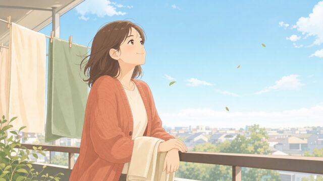 晴れた日のベランダで洗濯物をたたむ手を止め、風の吹く空を穏やかに見上げる女性のイラスト