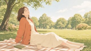 晴れた公園の芝生に敷いたレジャーシートで、肩の力を抜いて空を仰ぎ、穏やかに息をつく女性のイラスト