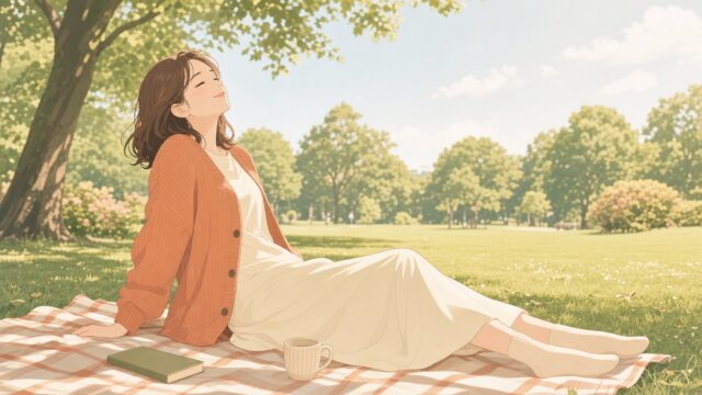 晴れた公園の芝生に敷いたレジャーシートで、肩の力を抜いて空を仰ぎ、穏やかに息をつく女性のイラスト