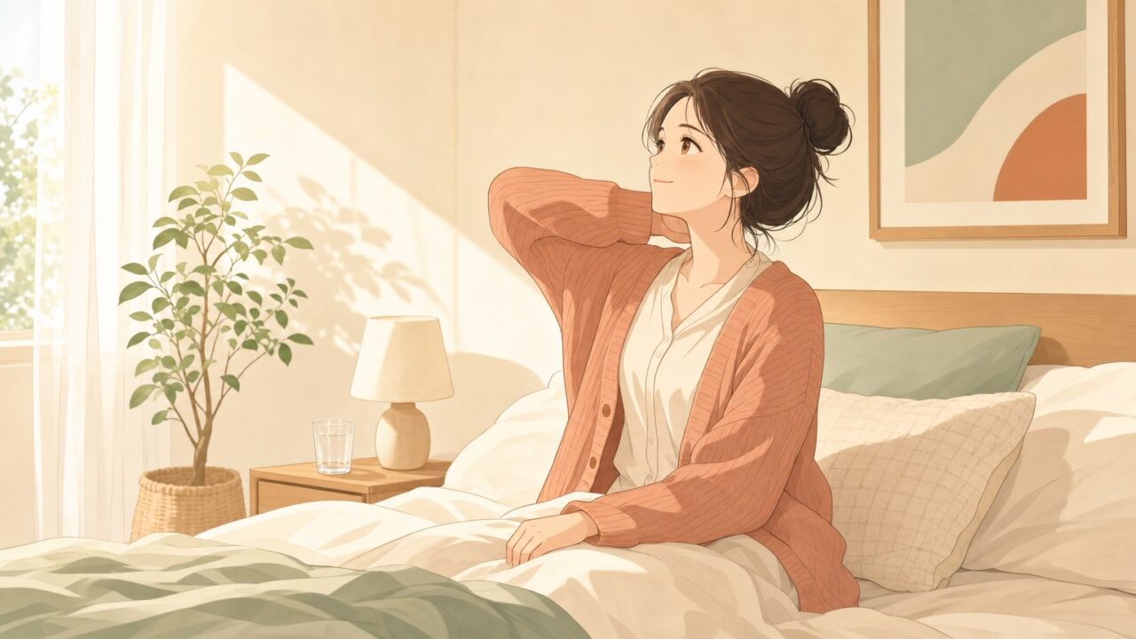 朝の光がさす寝室のベッドで目覚め、上体を起こして穏やかに一息つき、気持ちが定まった表情の女性のイラスト