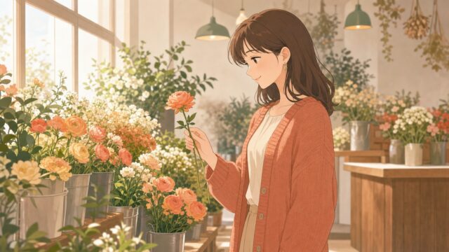 朝の鏡の前で、髪を耳にかけた手を止めて、鏡の中の自分と静かに目を合わせる女性のイラスト