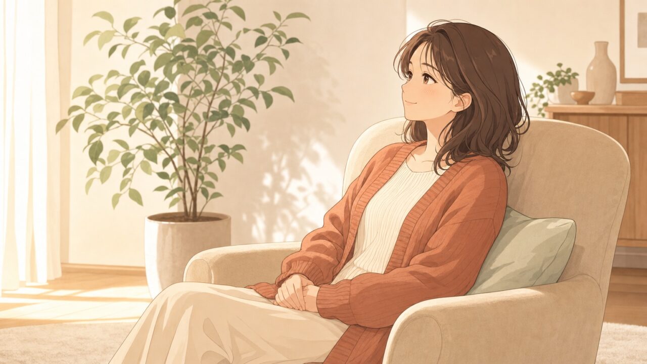 昼下がりの明るい部屋で、観葉植物のそばの一人がけアームチェアに深くもたれ、肩の力を抜いて穏やかに一息つく女性のイラスト