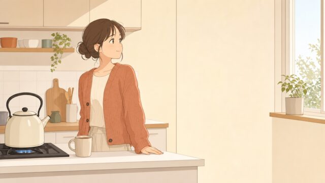 平日の朝、キッチンでケトルのお湯がわくのを待ちながら、窓の光をなんとなく見ている女性のイラスト