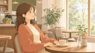カフェで休む30代女性のイラスト