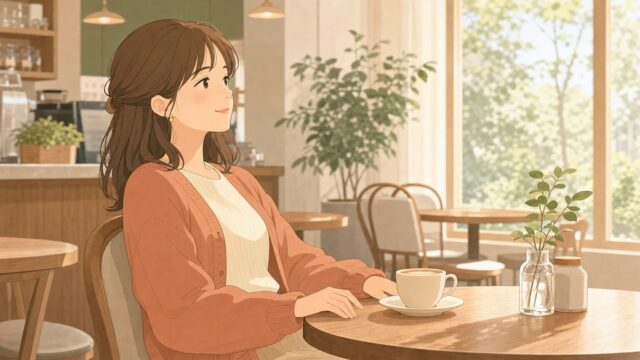 カフェで休む30代女性のイラスト