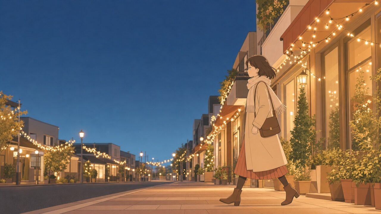 十二月の夕暮れ、電飾のともる商店街を、ふだんどおりの足取りで歩いていく女性のイラスト