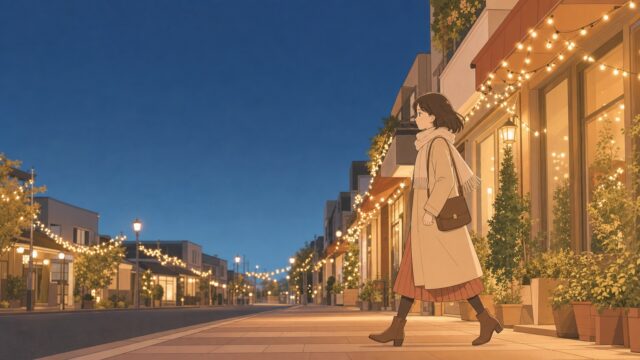 十二月の夕暮れ、電飾のともる商店街を、ふだんどおりの足取りで歩いていく女性のイラスト