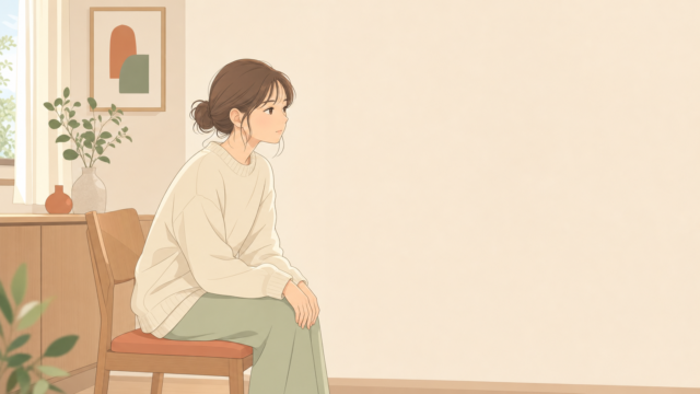椅子に浅く座り、膝に手を置いて視線が定まらない30代女性