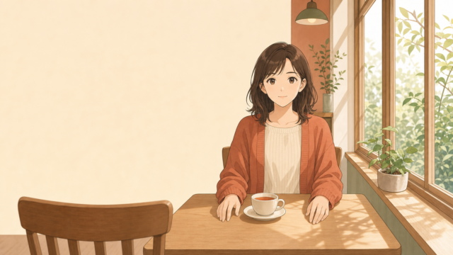 明るい喫茶店の窓際の席で、何も持たない両手をテーブルに置き、向かいの空いた席のほうへまっすぐ視線を向けている女性のイラスト