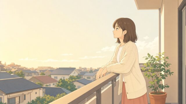 夕方のベランダで手すりに腕を置き、何も持たない手のまま遠くを眺めている女性のイラスト