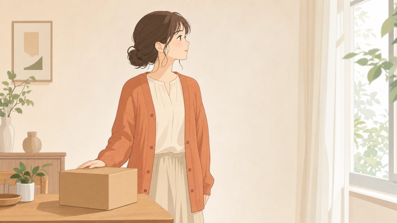 昼下がりの部屋で、届いた無地の箱に手を添えたまま、窓のほうへ視線を向けて立ち止まっている女性のイラスト