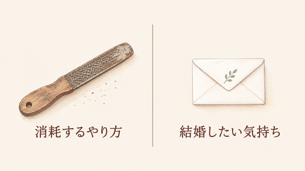 中央の線で左右に分かれ、左にすり減った木のやすりと「消耗するやり方」、右に閉じた封筒と「結婚したい気持ち」と書かれた図