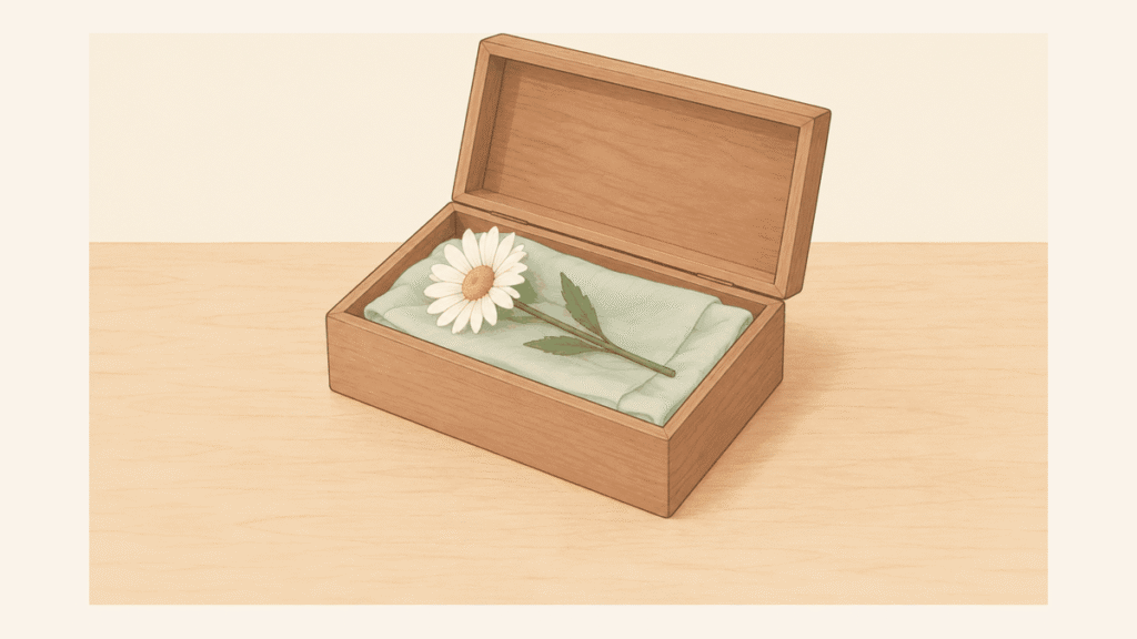机の上で開いた木の小箱に、たたんだ布と一輪の花がていねいに入れられているイラスト