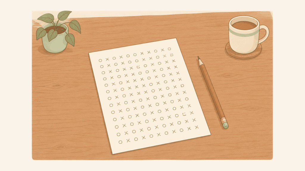 木の机に置かれた一枚の紙が、手書きの○と×でびっしり埋まっていて、そばに鉛筆が置かれているイラスト