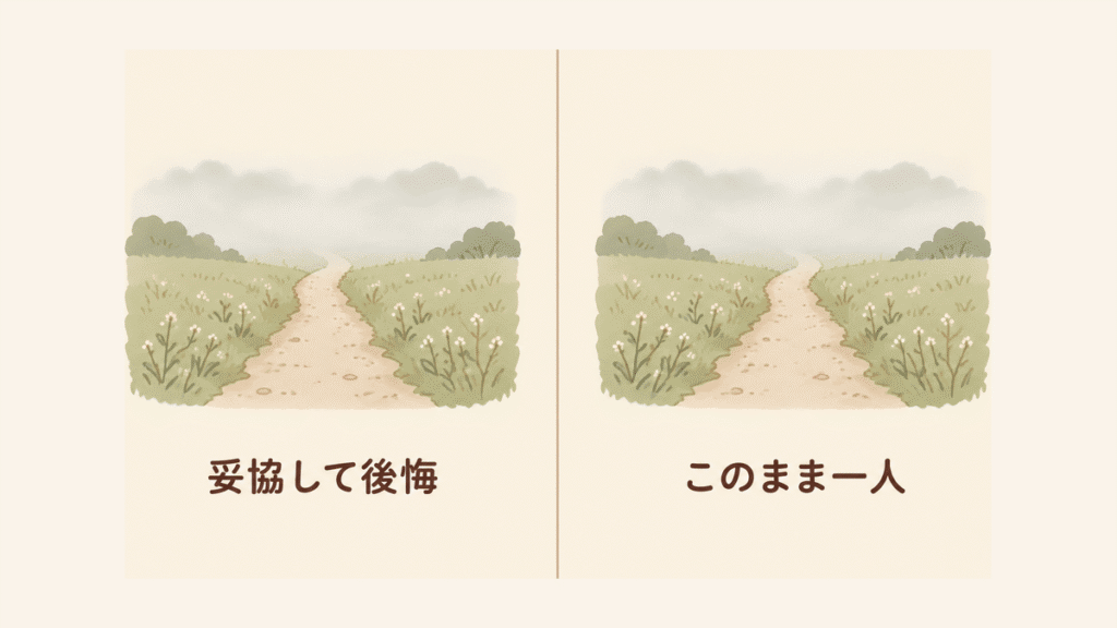 同じ細い道が左右に並び、どちらも先が霧で見えない図。左に「妥協して後悔」、右に「このまま一人」と書かれている