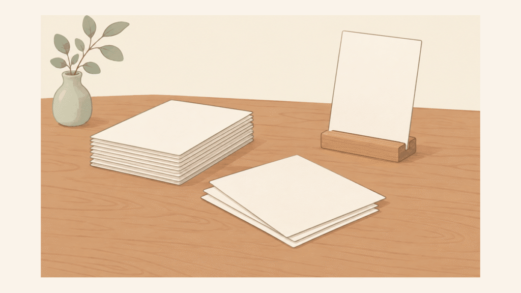 机の上に何も書かれていないカードが積み重なり、そのうちの一枚だけが木の台に立てられているイラスト