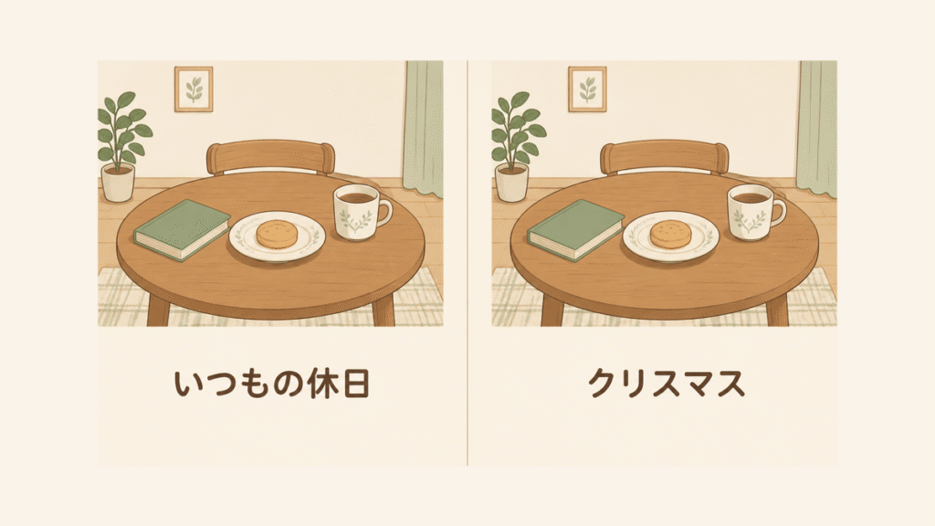 同じ部屋の同じテーブルが左右に並び、置かれている本とお皿とカップまで同じ図。左に「いつもの休日」、右に「クリスマス」と書かれている