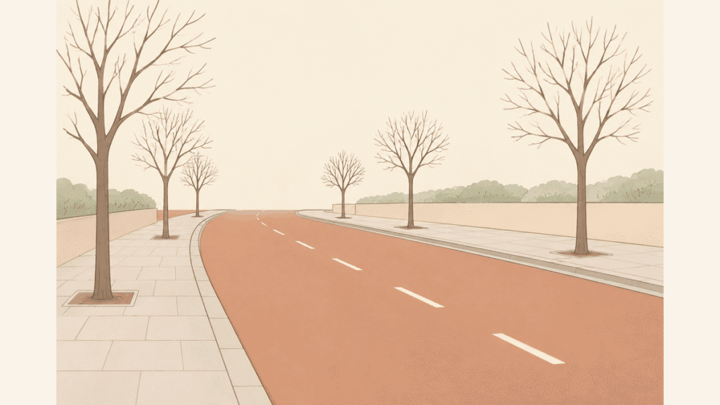 昼間の何も飾られていない通りのイラスト。葉の落ちた街路樹と静かな歩道だけがある