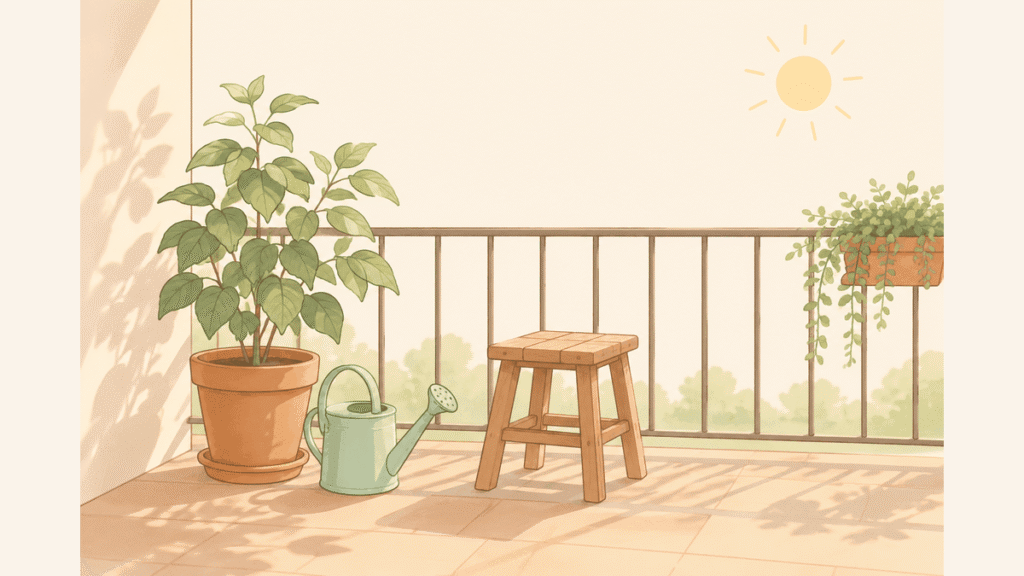 朝日の差す小さなベランダに、鉢植えとじょうろ、木のスツールが置かれているイラスト
