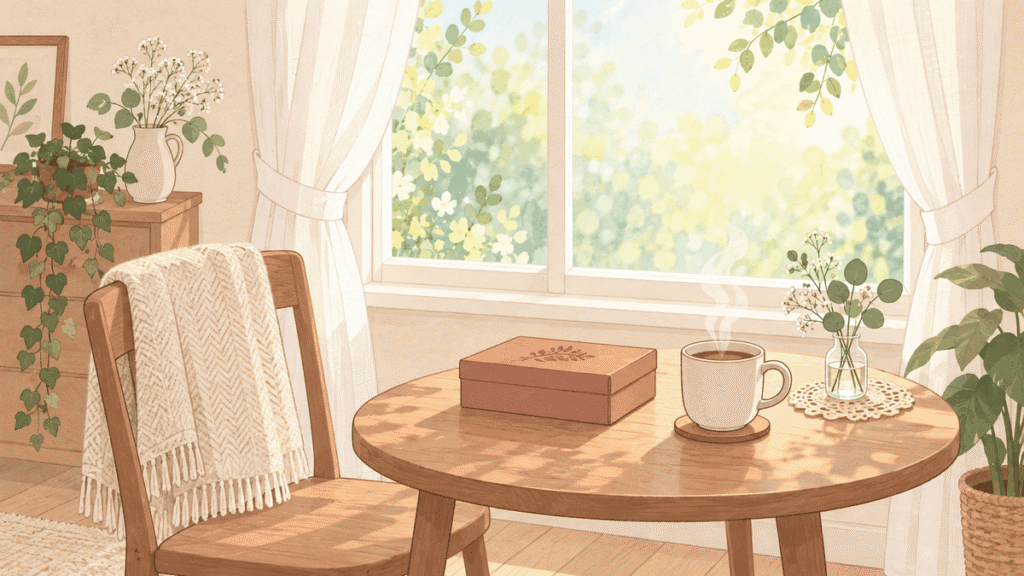 朝の光が差す窓辺のテーブルに、ふたを閉じた箱と湯気の立つカップが置かれているイラスト