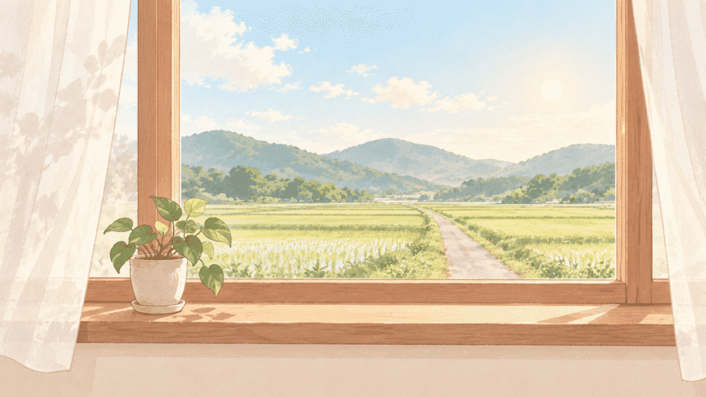 朝の窓辺に観葉植物の鉢があり、窓の外に田んぼと低い山並み、遠くへ続く一本道と明るい空が見えるイラスト