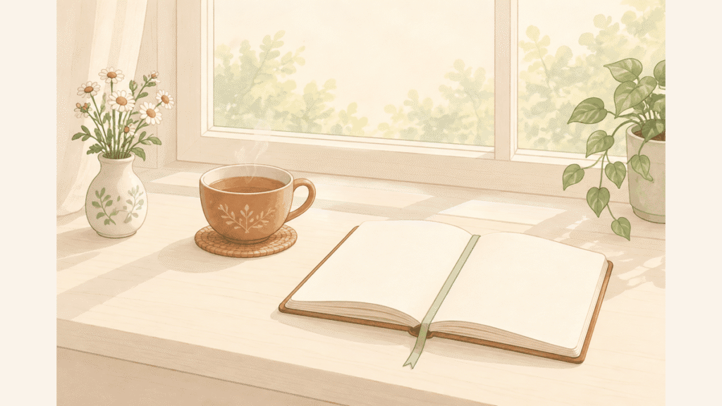 朝の窓辺に、ティーカップとしおりのはさまった開いたノートが置かれているイラスト