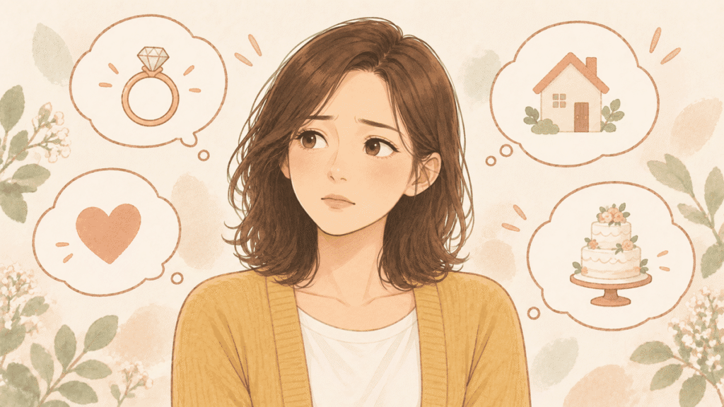 少し困った表情の女性のまわりを、指輪・ハート・家・ウェディングケーキの絵が入った吹き出しが囲んでいるイラスト