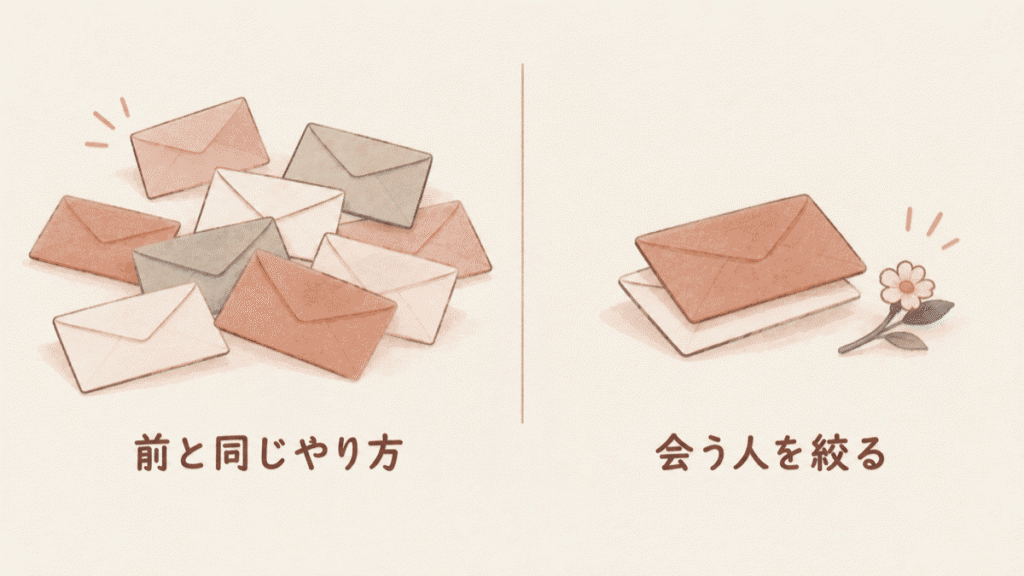 左右を比べた図。左は封筒がばらばらに広がり「前と同じやり方」、右は2通だけ重ねて花を添え「会う人を絞る」と書かれている