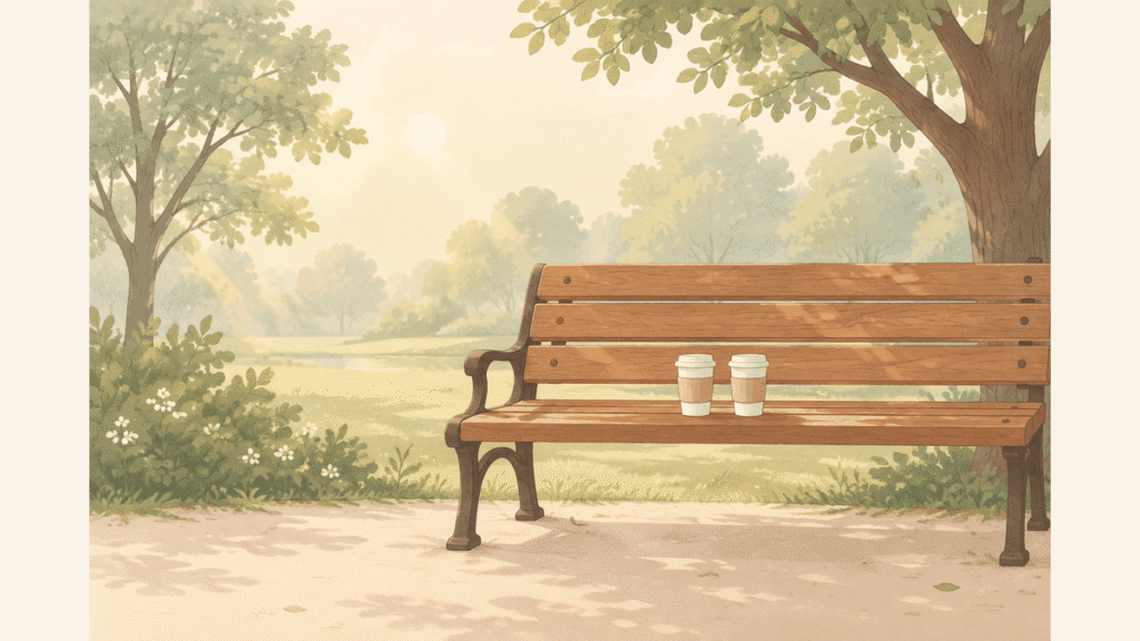 木々に囲まれた公園のベンチに、紙コップのコーヒーが2つ並んで置かれているイラスト