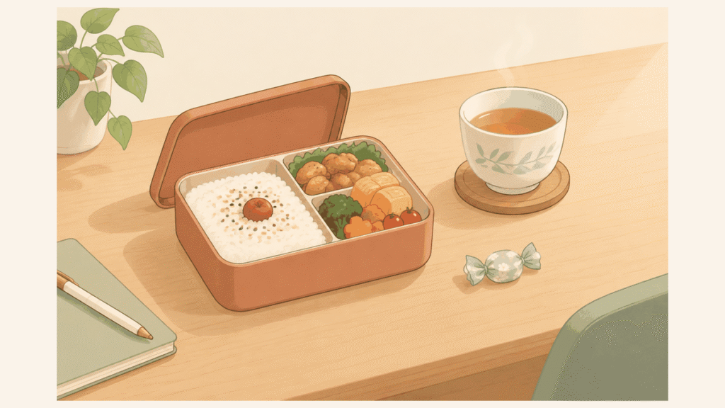 昼休みの机に、開いたお弁当とお茶、そばに小さな包みのキャンディが置かれているイラスト