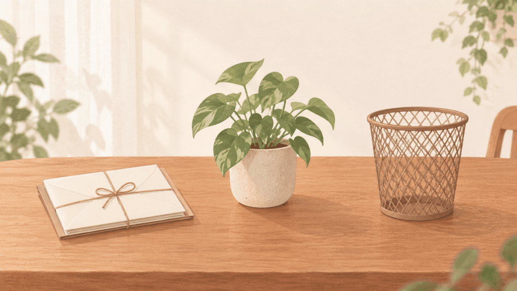 テーブルの上に、リボンをかけた便箋のセットと小さなゴミ箱、観葉植物が並んでいるイラスト