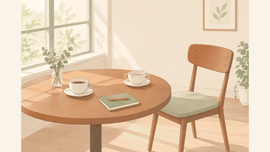 窓辺のカフェの丸テーブルに2つのコーヒーカップが残り、椅子が1脚少し引かれているイラスト