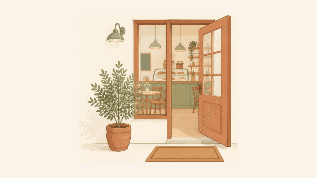小さなカフェの扉が少し開いていて、入口に鉢植えと玄関マットがあるイラスト