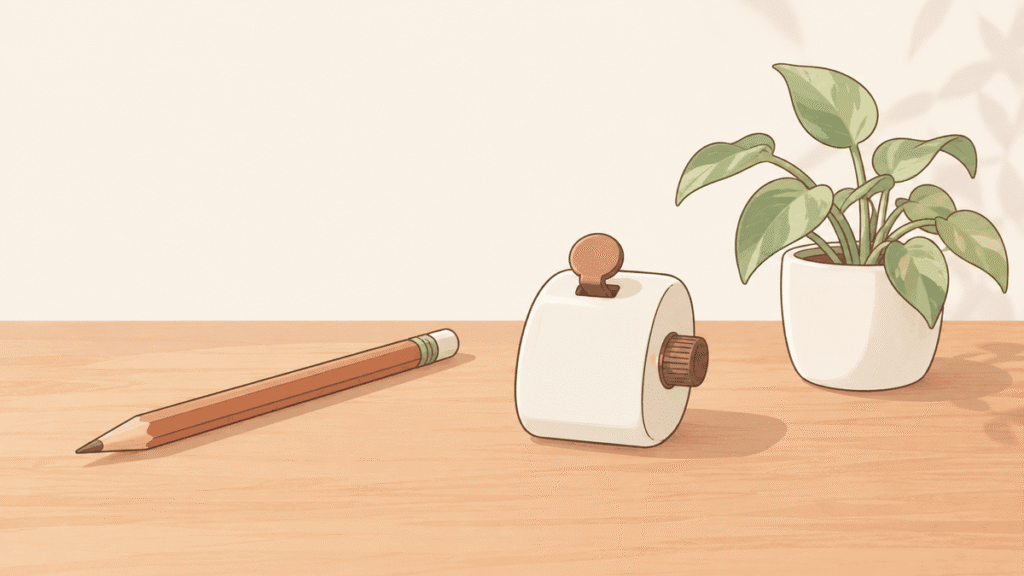 机の上に鉛筆と小さな数取り器、観葉植物が置かれているイラスト