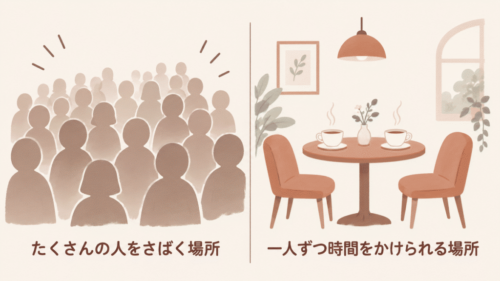 左に大勢の人のシルエットが押し寄せる様子、右にテーブルで向かい合う2つのティーカップを描いた対比のイラスト。「たくさんの人をさばく場所」「一人ずつ時間をかけられる場所」と書かれている