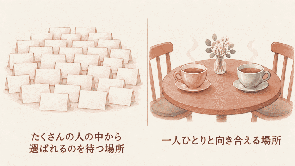 左右を比べた図。左は無地のカードが積み上がった山と「たくさんの人の中から選ばれるのを待つ場所」、右は丸いテーブルに向かい合う2つのティーカップと「一人ひとりと向き合える場所」