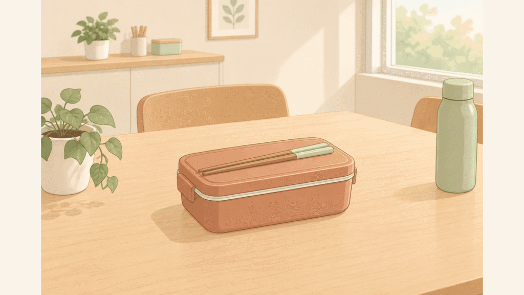 明るい休憩室のテーブルに、ふたを閉めたお弁当箱と箸、水筒が置かれているイラスト