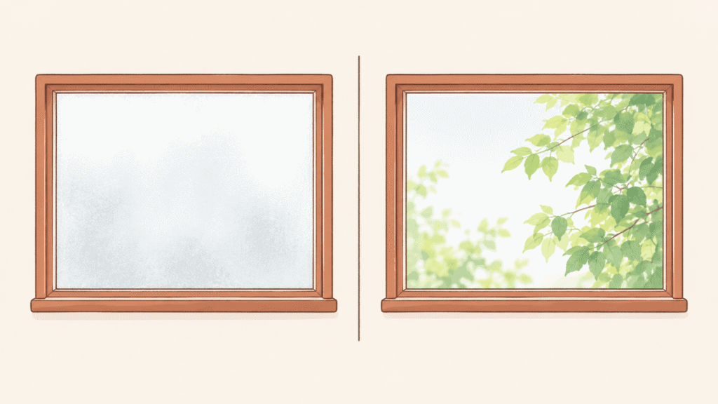 同じ形の窓が2つ並び、左はくもって外が見えず、右は澄んで緑の葉が見えているイラスト