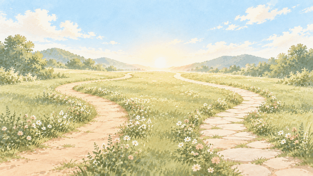 草原の中を、形の違う2本の小道がそれぞれ明るい朝の空の方へ伸びているイラスト