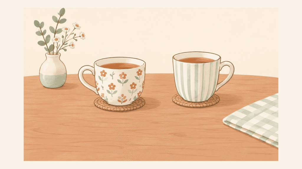 テーブルの上に、花柄とストライプの柄の違うティーカップが2つ、少し離れて並んでいるイラスト