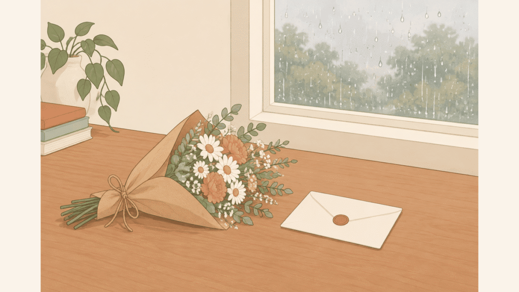 雨の降る窓辺の机に、小さな花束と封をしたカードが置かれているイラスト