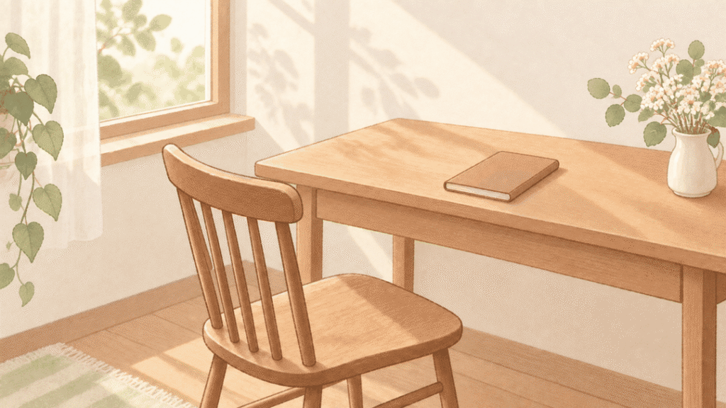 窓から光が差す部屋で、机から少し引かれた木の椅子と、机に伏せて置かれたノートがあるイラスト