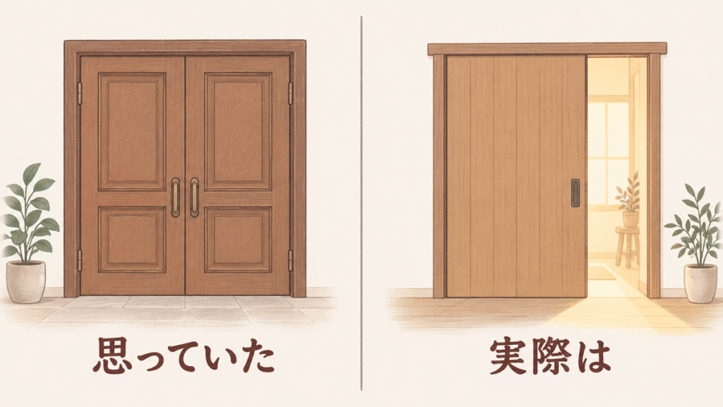 左は閉じた重たい両開きの扉で「思っていた」、右は少し開いて光がこぼれる引き戸で「実際は」と書かれた対比のイラスト