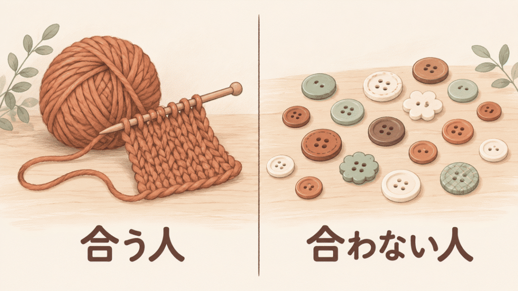 左は編みかけの毛糸玉と編み棒で「合う人」、右は机に散らばったたくさんのボタンで「合わない人」と書かれた対比のイラスト